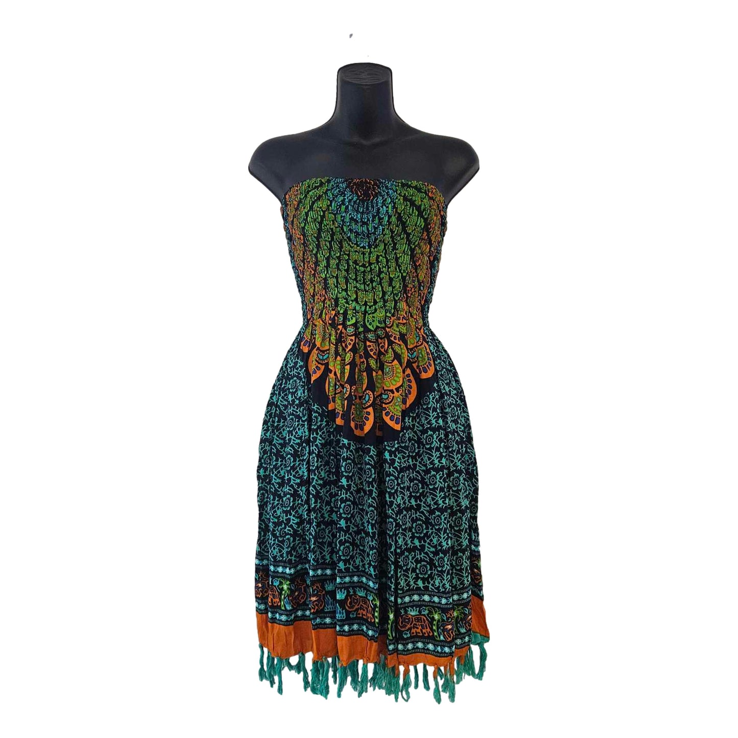 Strapless Mandala Shirred Dress