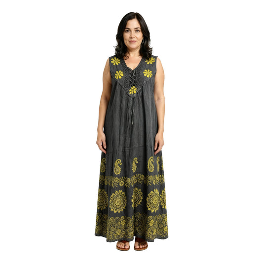 Boho Embroidered block Print Maxi Dress