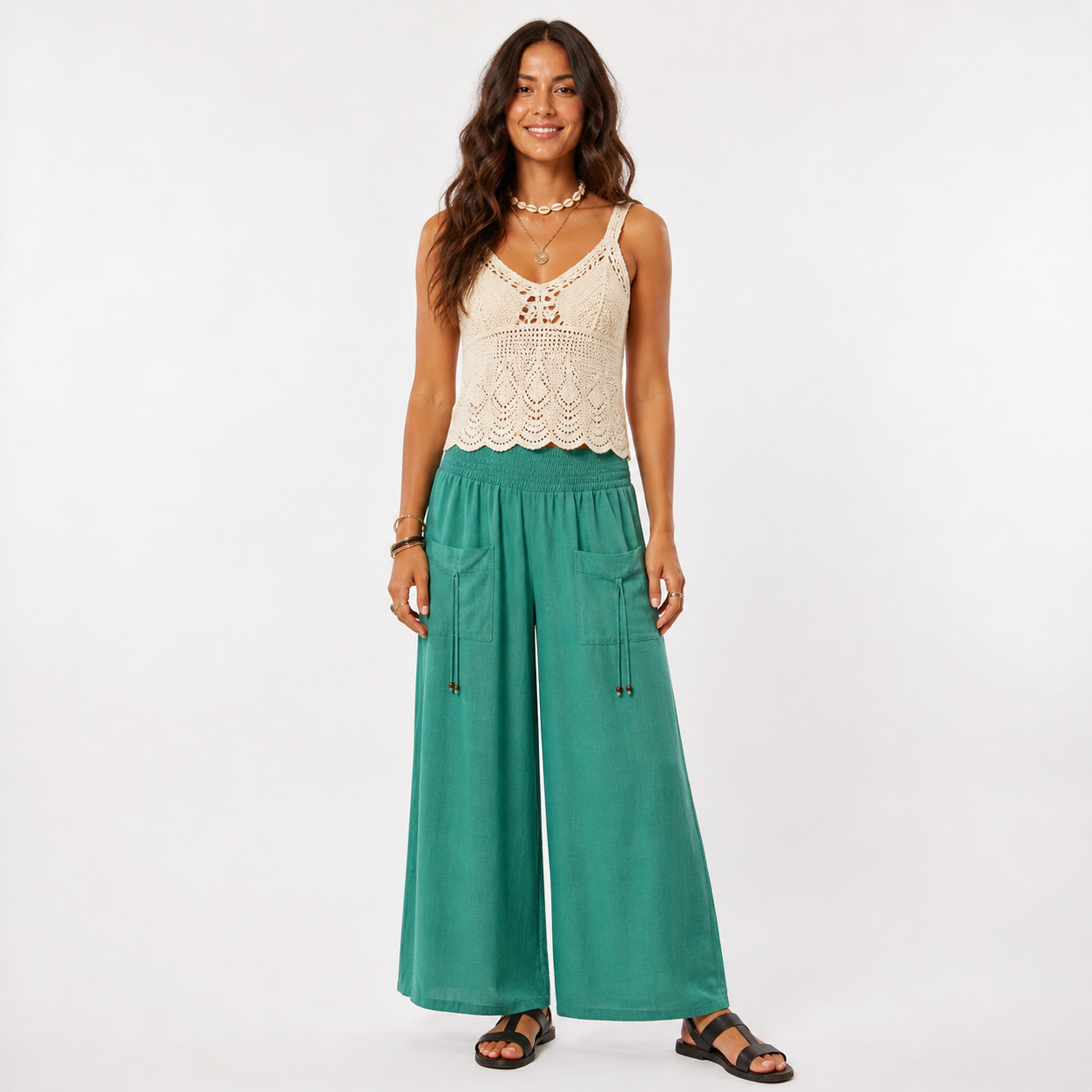 Shirred Wide Leg Pants
