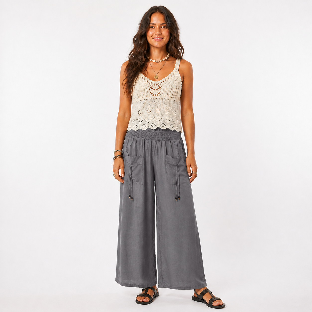 Shirred Wide Leg Pants