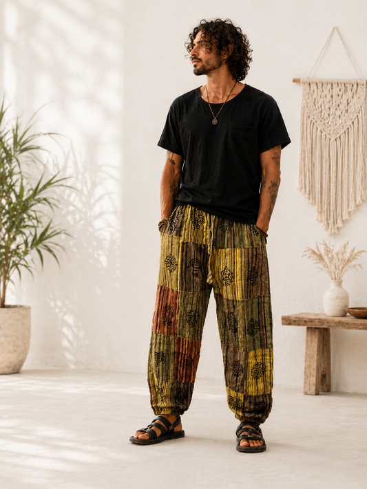 Stone Washed Block Print Harem Pants