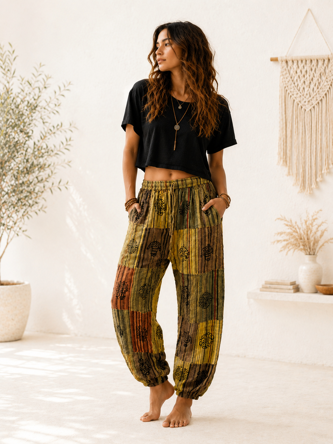 Stone Washed Block Print Harem Pants