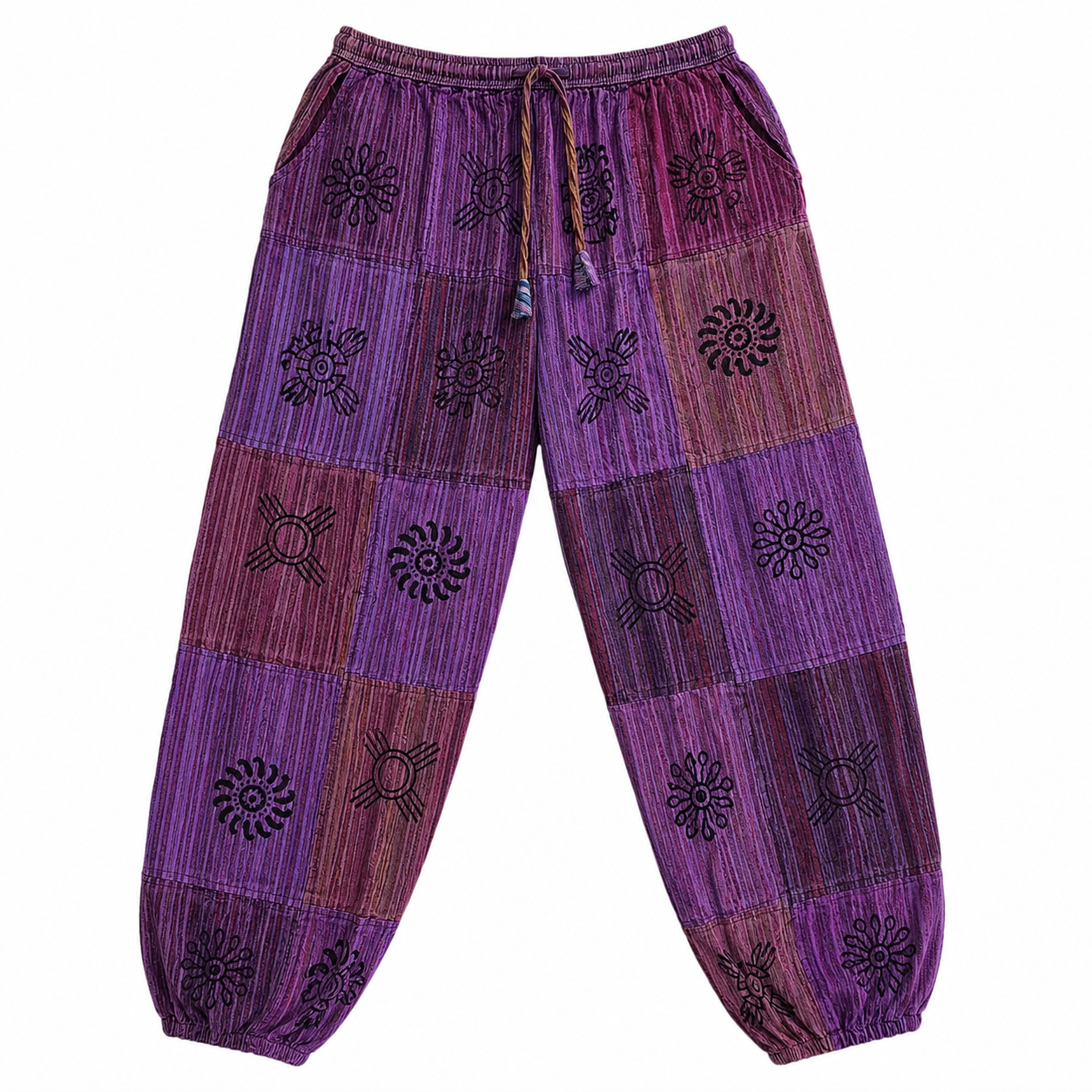 Stone Washed Block Print Harem Pants