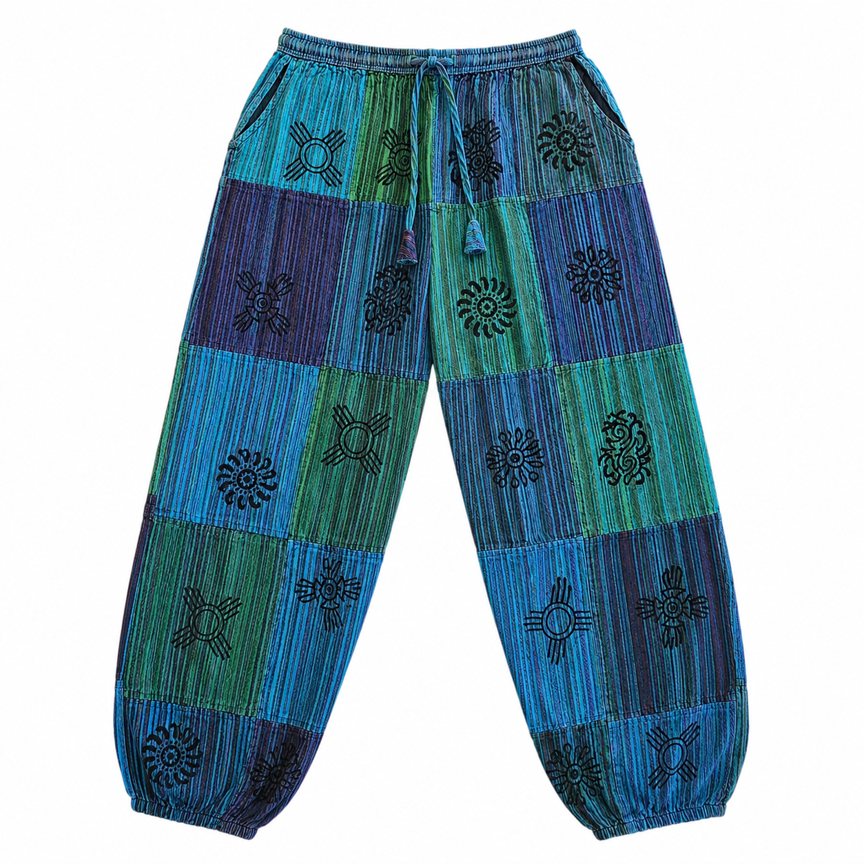 Stone Washed Block Print Harem Pants
