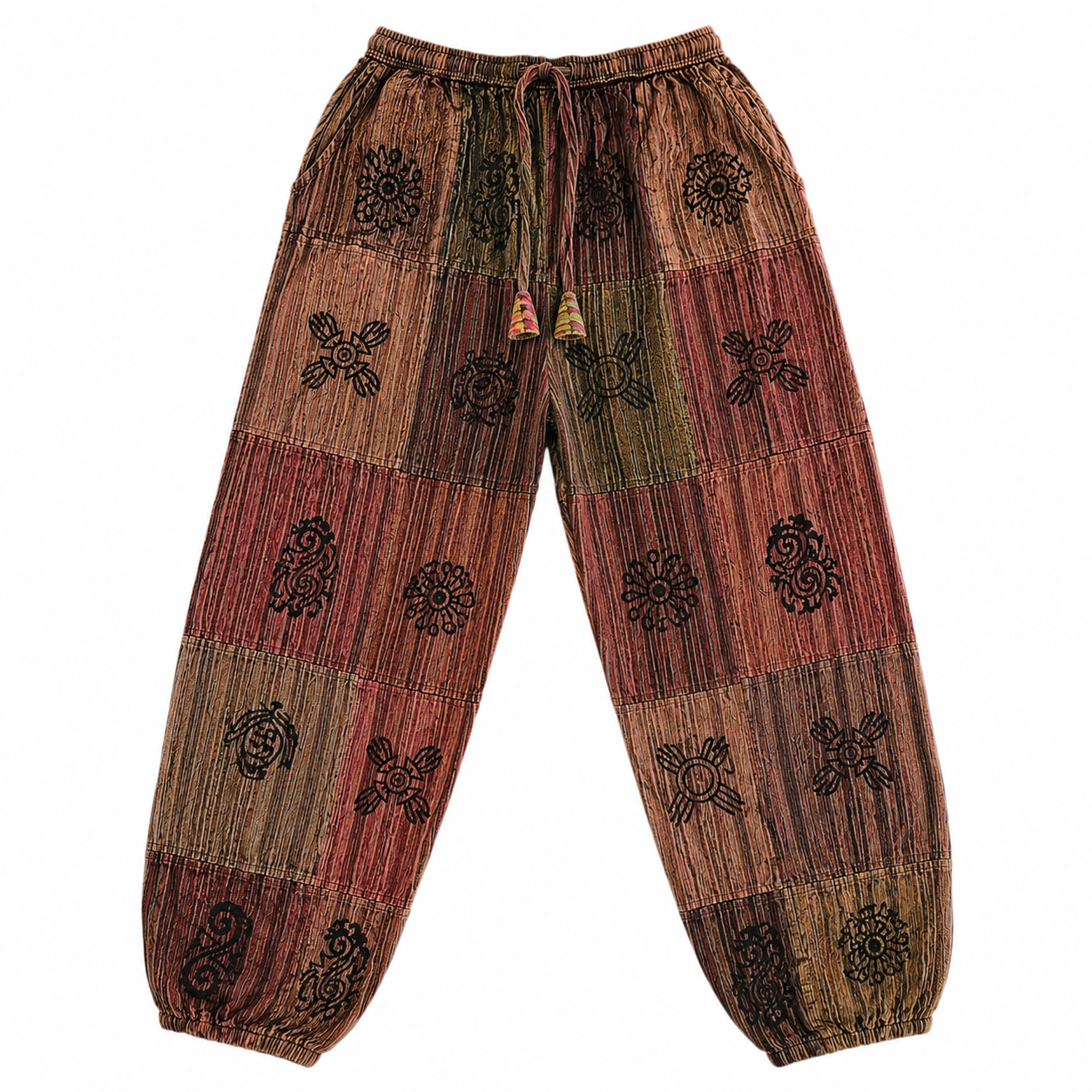 Stone Washed Block Print Harem Pants