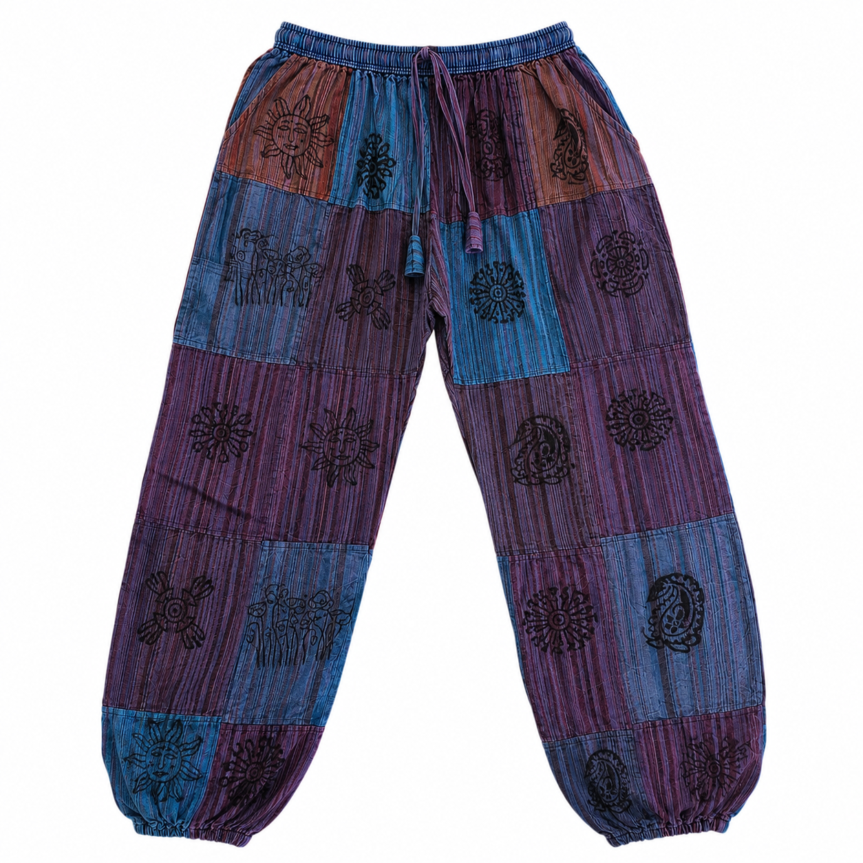 Stone Washed Block Print Harem Pants