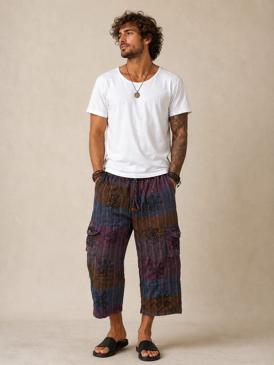 Stonewashed Block Print 3/4 Pants