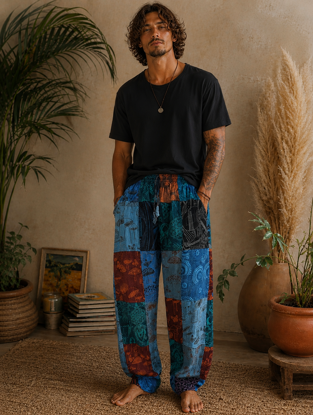 Mushroom and Mandala Patchwork Pants