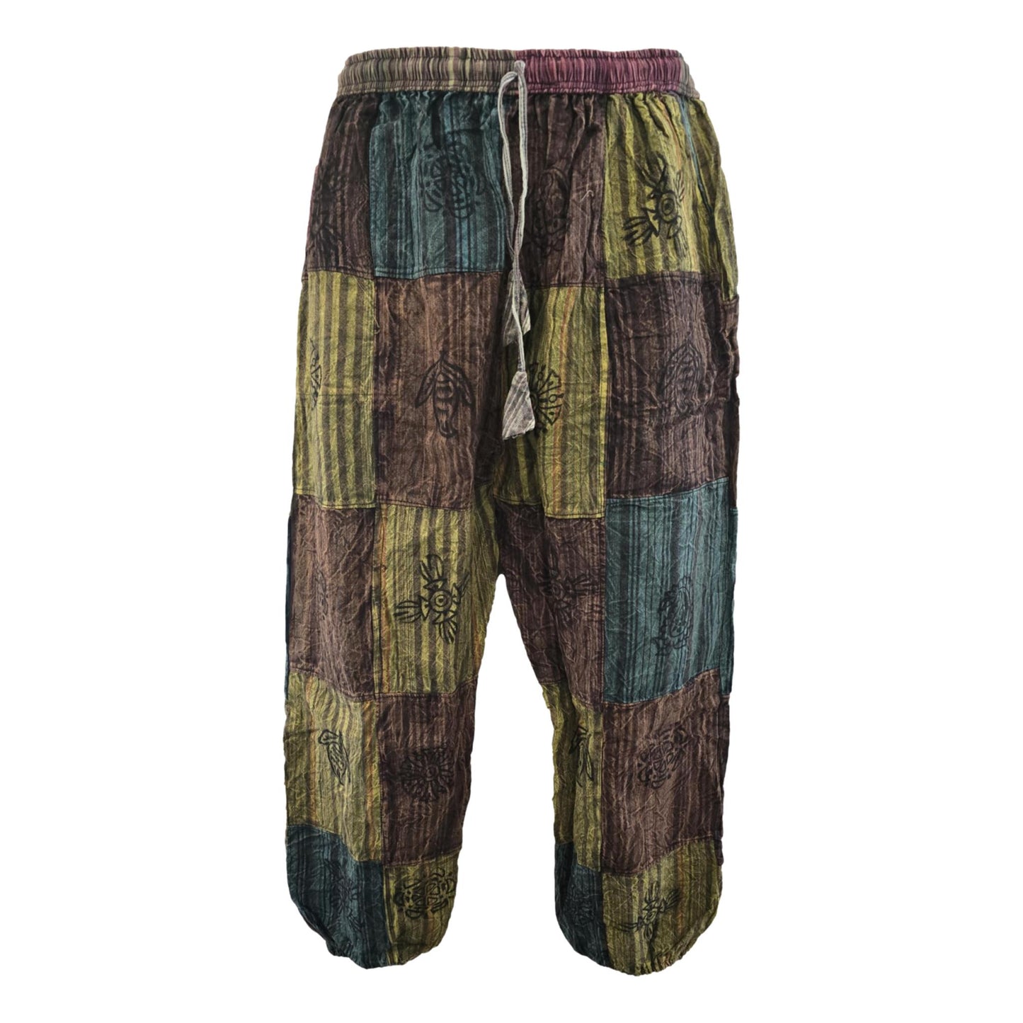 Stone Washed Block Print Harem Pants
