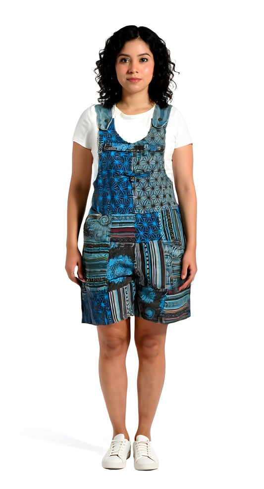 Stonewashed Patchwork Overall Shorts